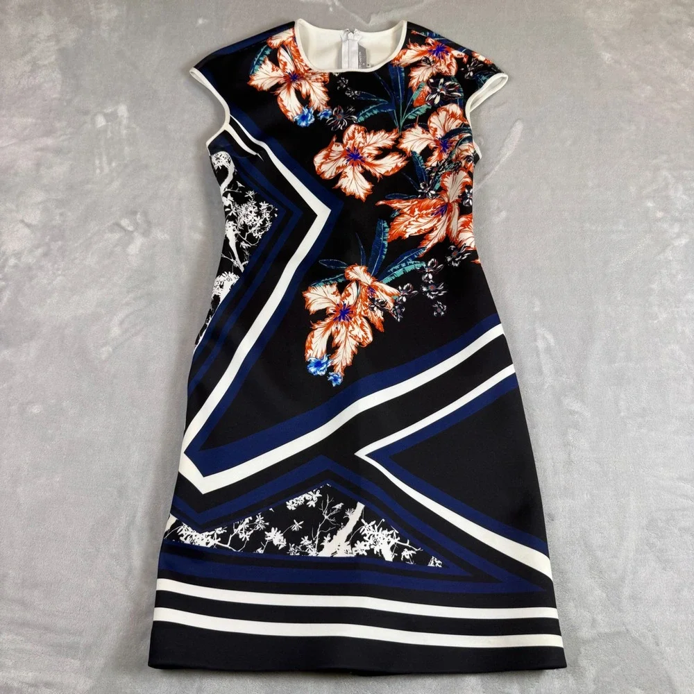Clover Canyon Floral Print Dress Medium Black Blue Orange Geometric Pattern - Picture 2 of 8